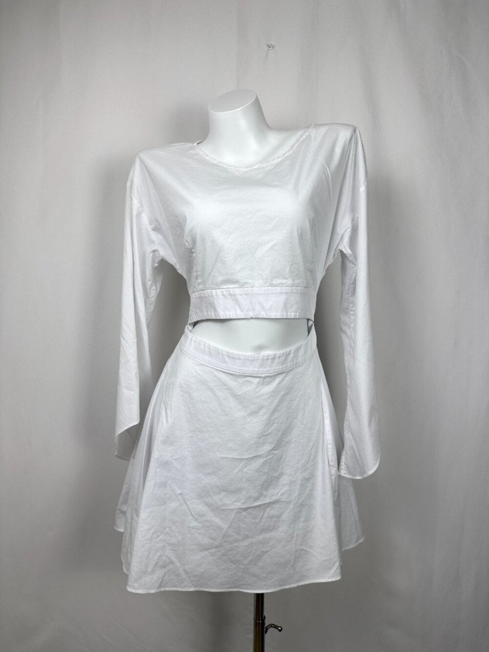 Intermix White Bell Long Sleeve Cutout Waist Tie Mini Dress Size L Cotton Blend